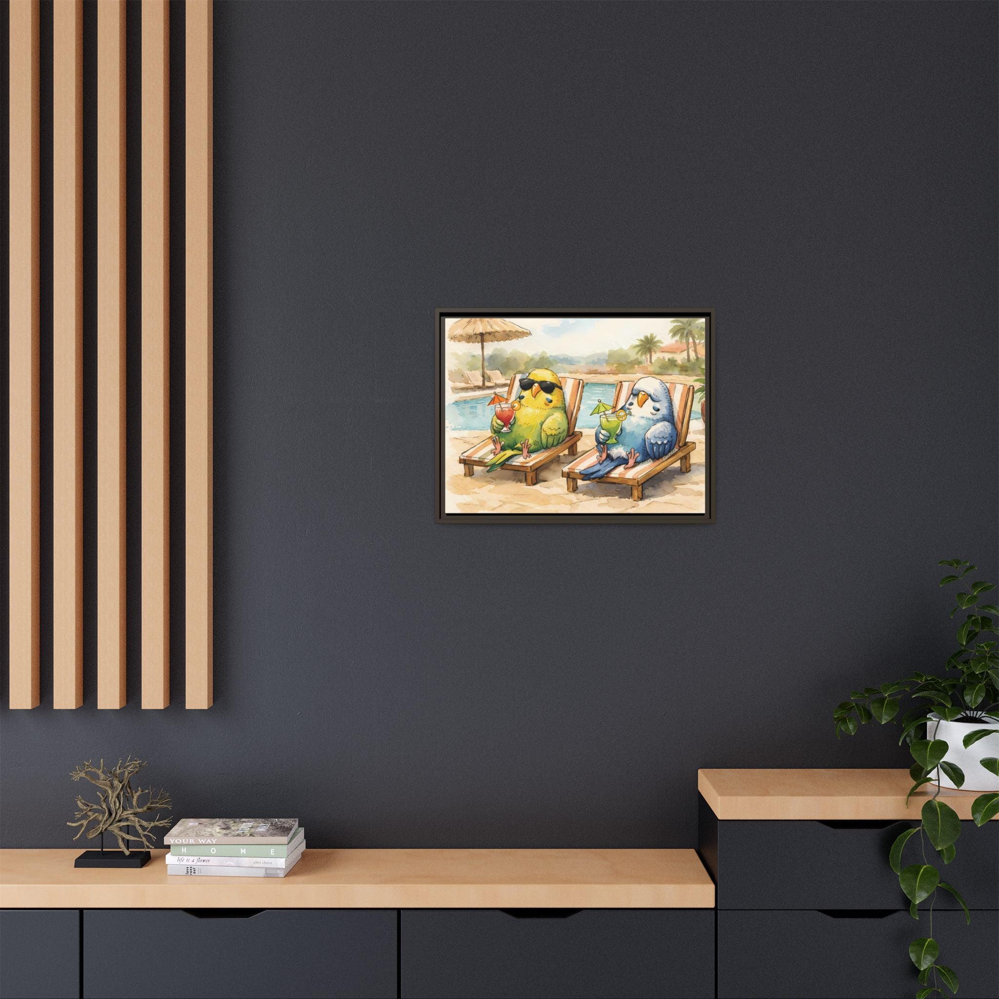 Resorting Parakeets - Framed Matte Canvas Print