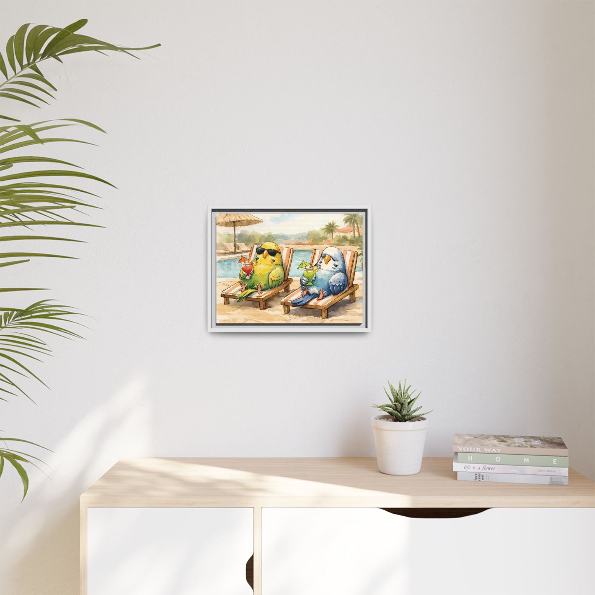 Resorting Parakeets - Framed Matte Canvas Print