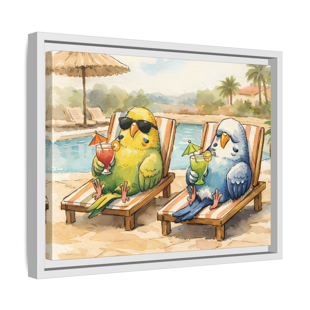 Resorting Parakeets - Framed Matte Canvas Print