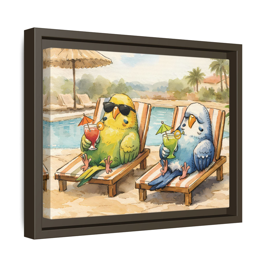 Resorting Parakeets - Framed Matte Canvas Print