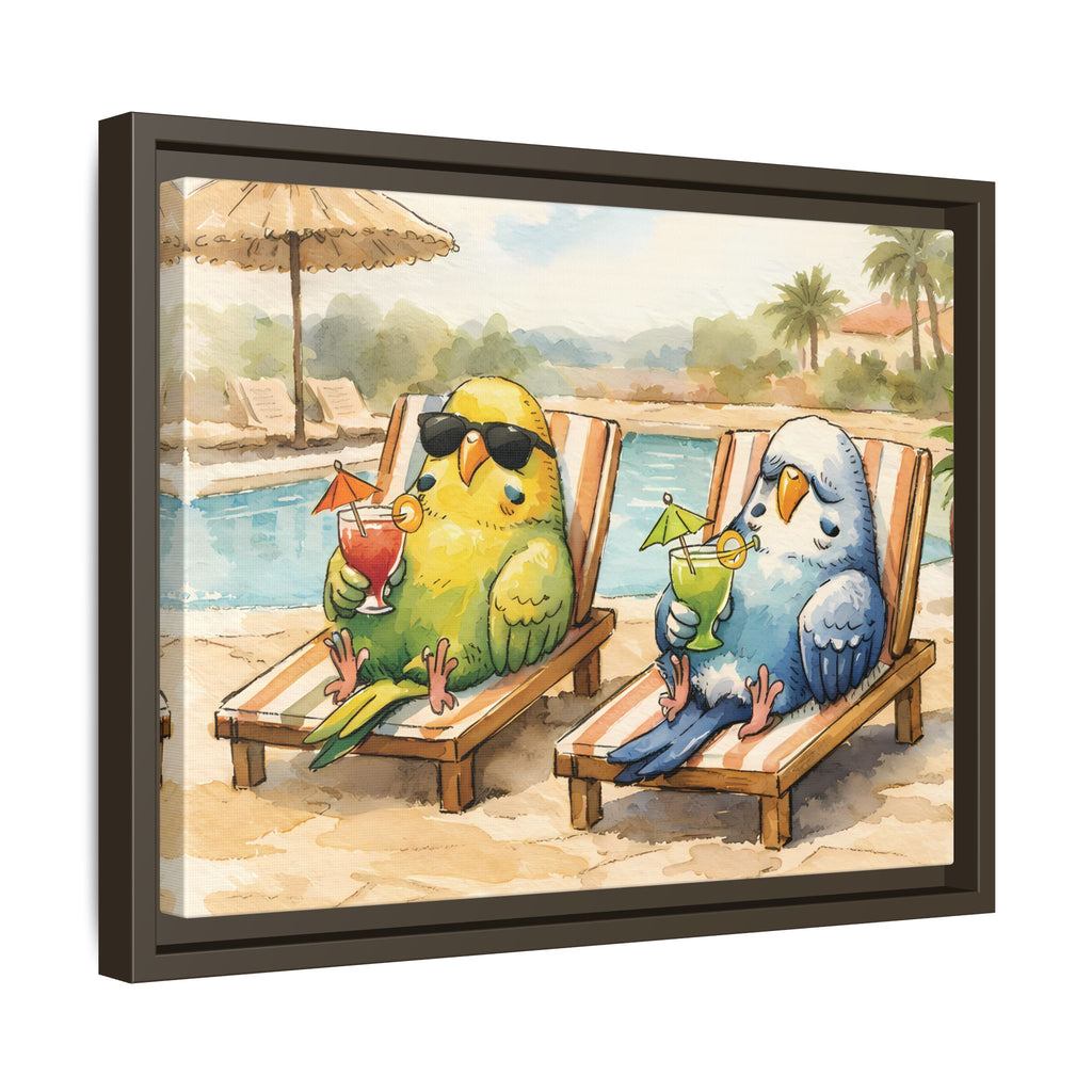 Resorting Parakeets - Framed Matte Canvas Print