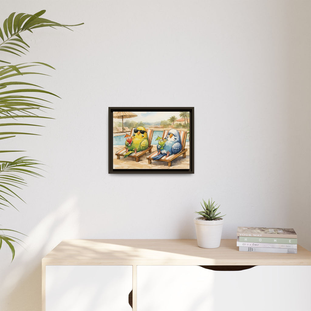 Resorting Parakeets - Framed Matte Canvas Print