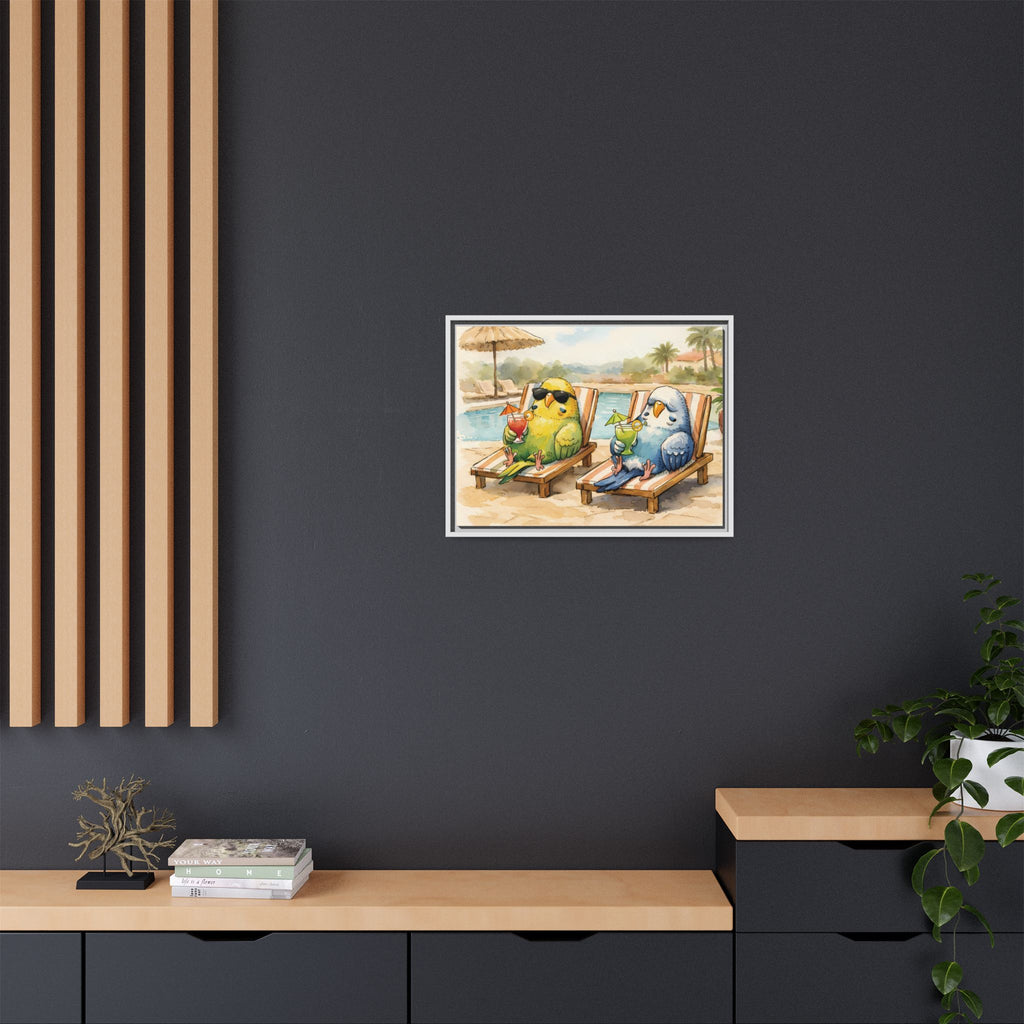Resorting Parakeets - Framed Matte Canvas Print