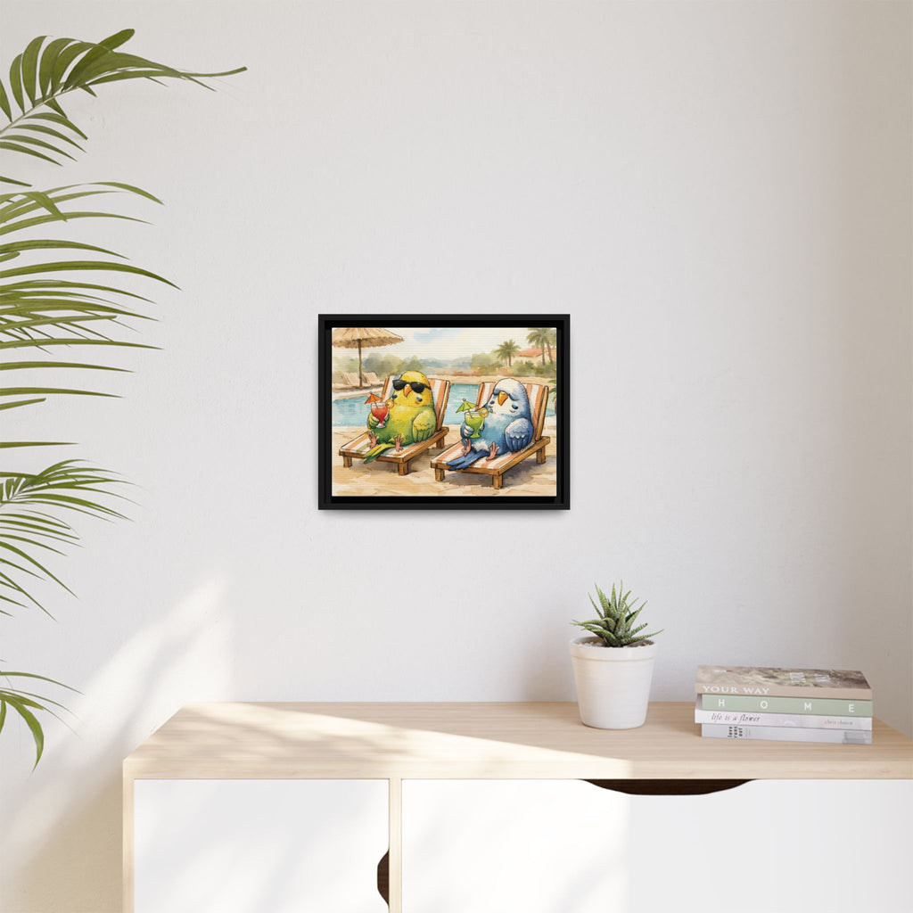 Resorting Parakeets - Framed Matte Canvas Print