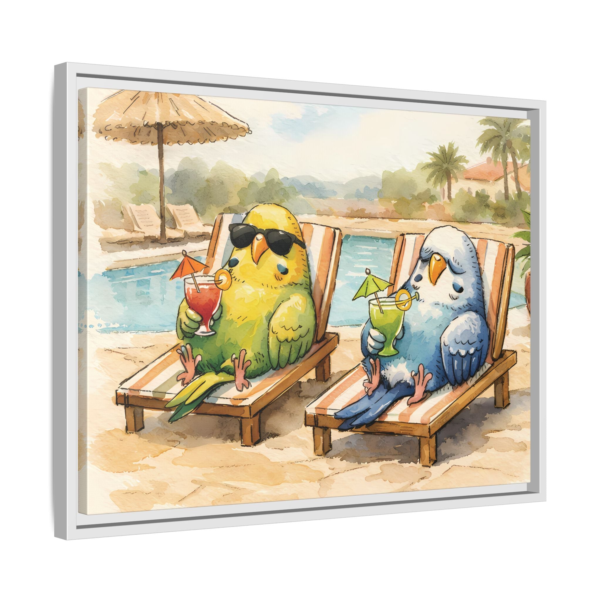 Resorting Parakeets - Framed Matte Canvas Print