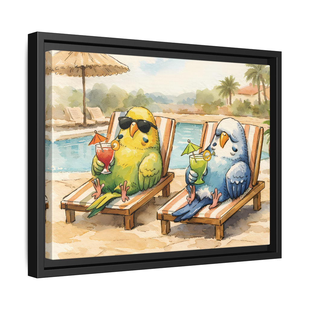 Resorting Parakeets - Framed Matte Canvas Print