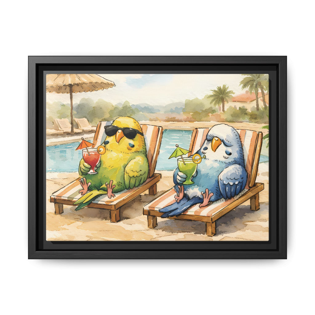 Resorting Parakeets - Framed Matte Canvas Print