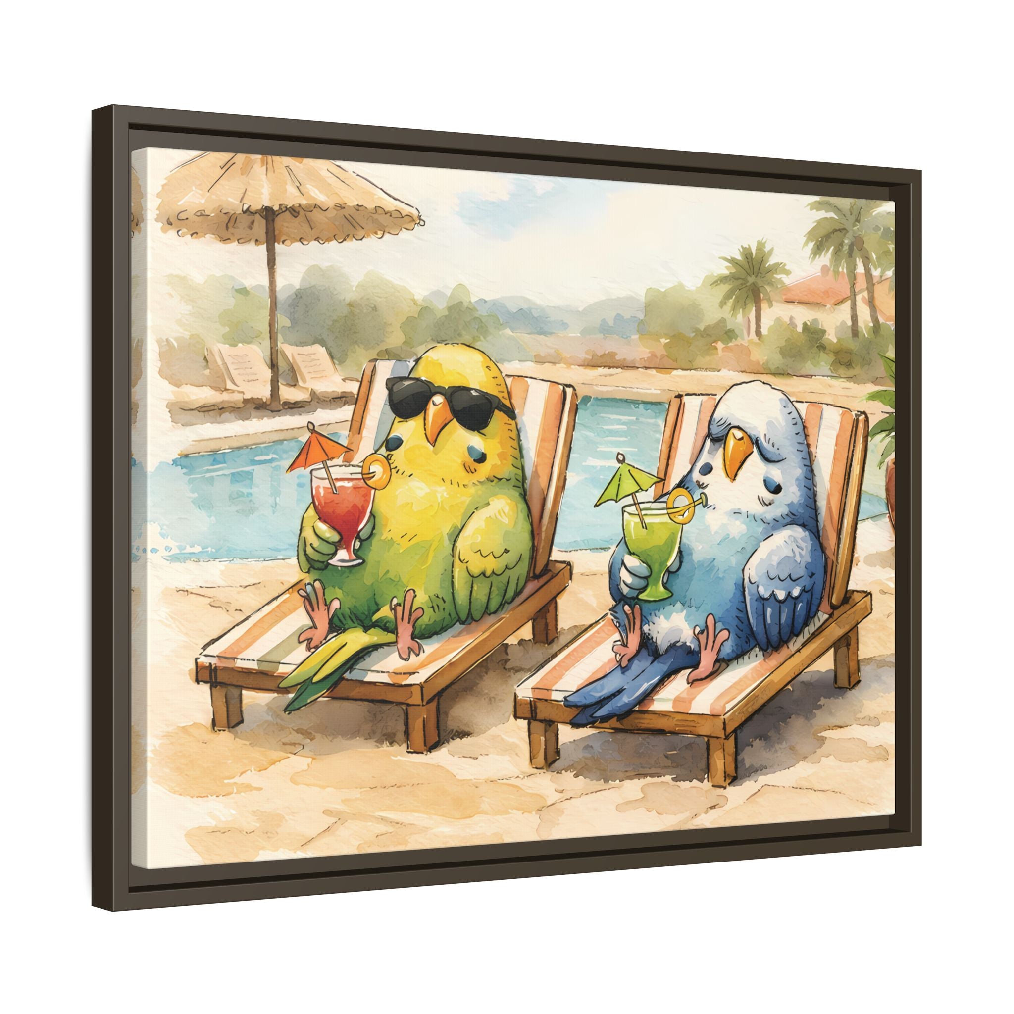 Resorting Parakeets - Framed Matte Canvas Print