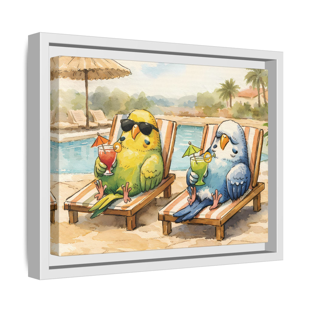 Resorting Parakeets - Framed Matte Canvas Print