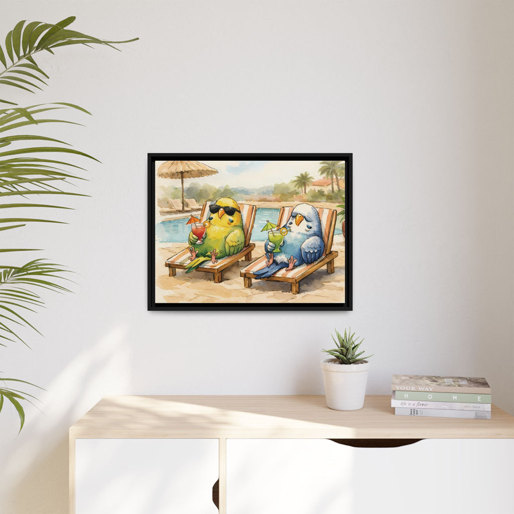 Resorting Parakeets - Framed Matte Canvas Print