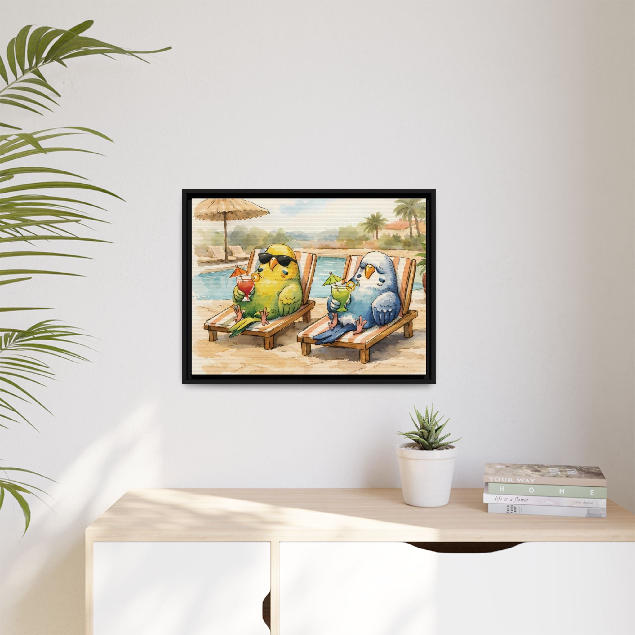 Resorting Parakeets - Framed Matte Canvas Print