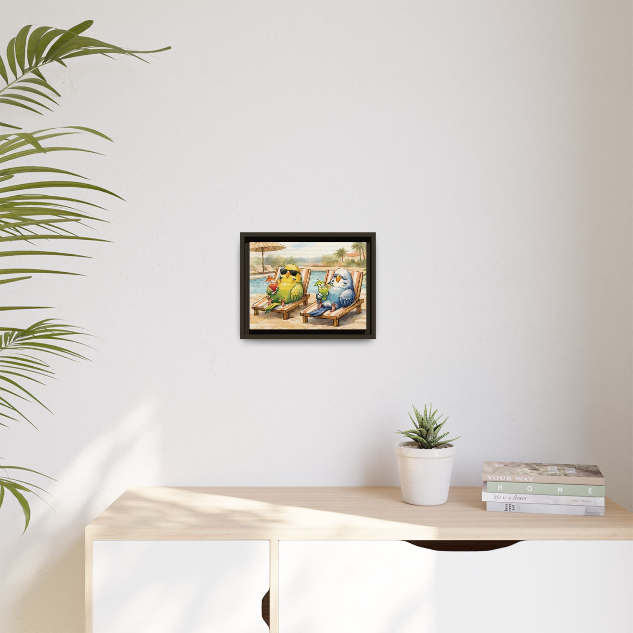 Resorting Parakeets - Framed Matte Canvas Print