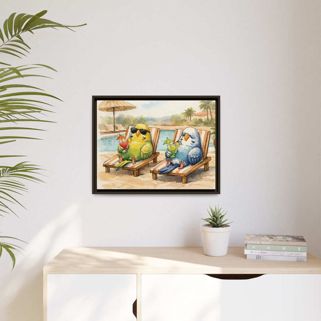 Resorting Parakeets - Framed Matte Canvas Print