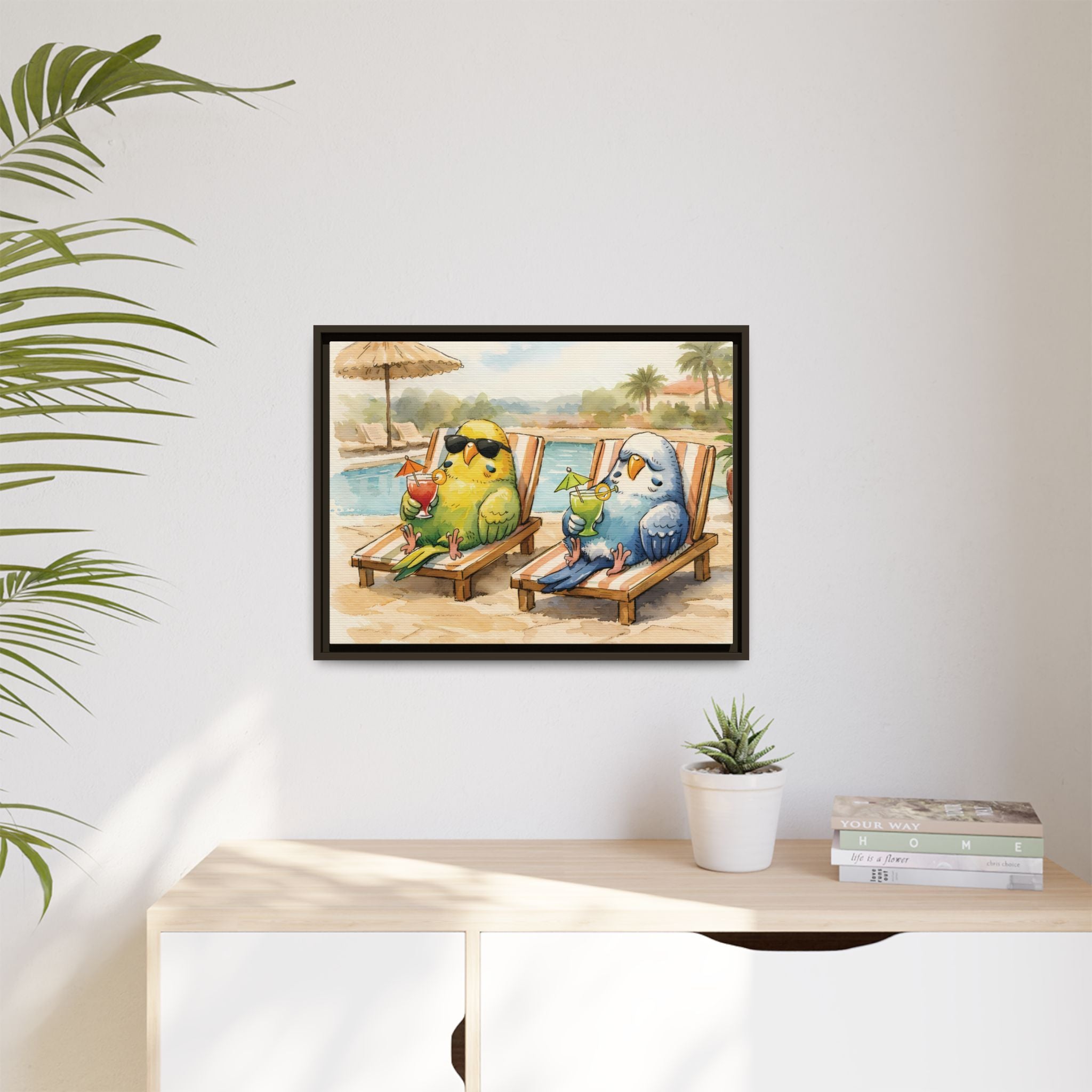 Resorting Parakeets - Framed Matte Canvas Print