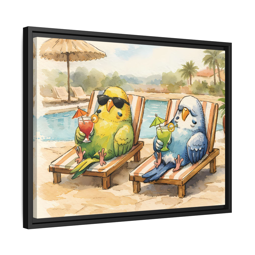 Resorting Parakeets - Framed Matte Canvas Print