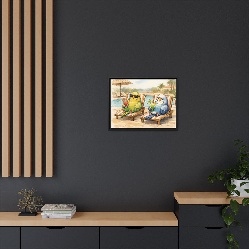 Resorting Parakeets - Framed Matte Canvas Print