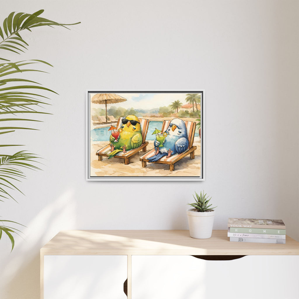 Resorting Parakeets - Framed Matte Canvas Print