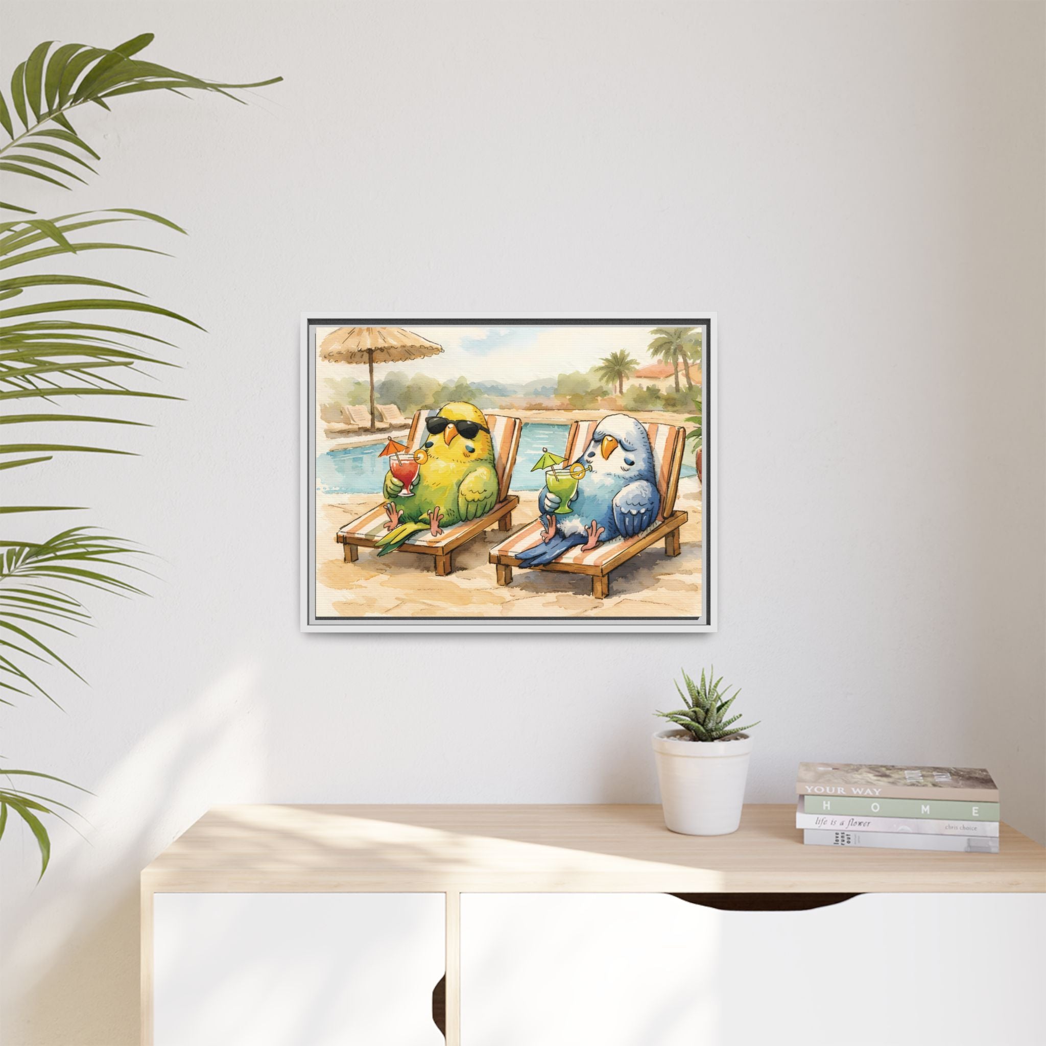 Resorting Parakeets - Framed Matte Canvas Print